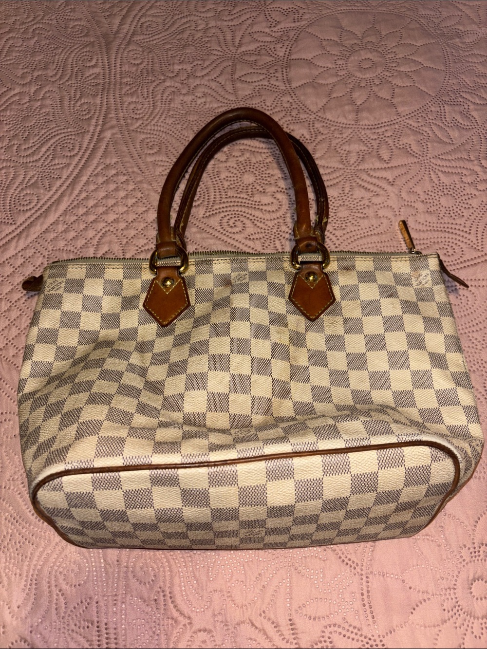 Louis Vuitton Classic Checkered Satchel Handbag in Cream and Brown
